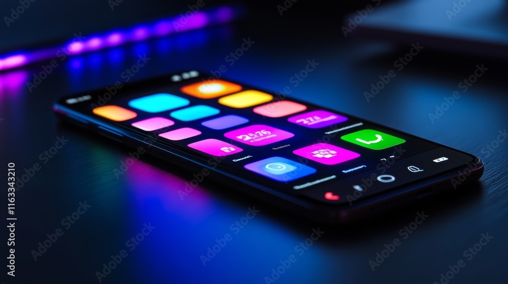 Poster modern smartphone with vibrant app icons illuminated by colorful led lights showcasing advanced tech