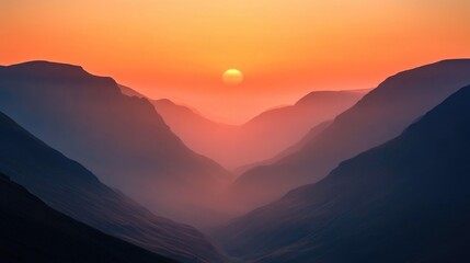Obraz premium A sweeping landscape of a valley with mountains on either side, bathed in warm hues of orange and pink as the sun rises, creating a beautiful morning vista