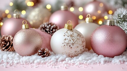 Pink and White Christmas Ornaments in Snowy Scene