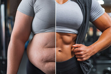 A person's body before and after a fitness transformation