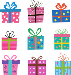 Set of holiday gift boxes in cartoon flat style, vector illustration. Gift card elements gift box.