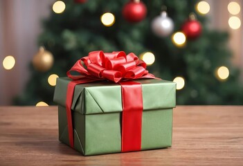 A beautifully wrapped Christmas present on a table with a blurred background of lights and decorations