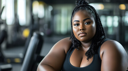 Plus size black woman taking a break contemplating in a gym eye-catching 