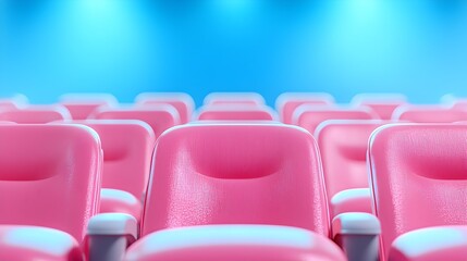 Fototapeta premium A row of red and pink chairs are arranged in a theater