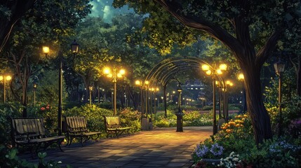 Fototapeta premium Night scene of a park pathway with benches, arch, and lit lamps. Perfect for romance, peace, or tranquility themes.