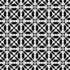 Seamless black and white geometric pattern, featuring a symmetrical design with floral motifs. Suitable for backgrounds, wallpapers, textiles, fabrics and various creative projects.
