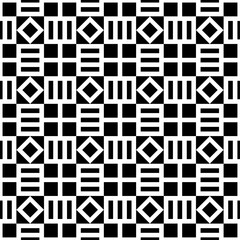 An abstract black and white pattern featuring geometric shapes arranged in a repetitive grid layout, blending modern design with classic contrast.