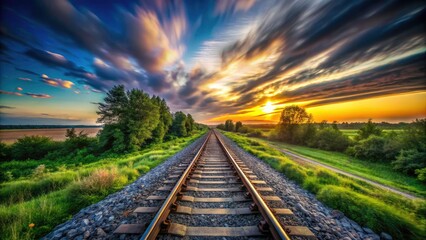 Fototapeta premium Captivating Long Exposure of Railway Lines Converging into the Horizon, Serene Landscape, Tracks, Tranquil Scene, Night Photography, Natural Light, Scenic View, Travel, Journey.