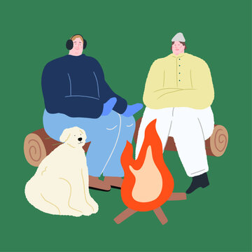 Two People and a Dog sitting by a Campfire Vector Illustration