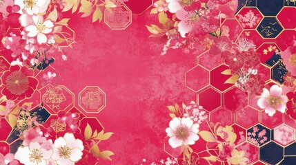 A vibrant pink Japanese pattern background featuring hexagonal and floral motifs in subtle gold for New Year celebrations