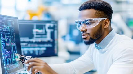 A focused Black scientist wearing safety goggles observes a futuristic blue holographic network in a high-tech environment.