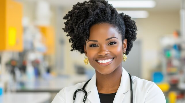 A smiling female doctor with a stethoscope in a modern hospital environment, symbolizing healthcare, professionalism, and care.