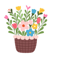Cute pastel flowers in basket cartoon doodle illustration