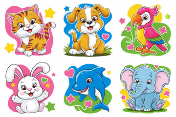 Animal stickers with fun shapes, cute designs featuring hearts clouds and stars
