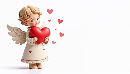 Cherubic Angel Boy with Tender Expression Holding Red Heart Against White Background
