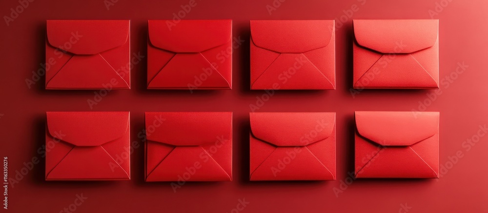 Poster eight red envelopes arranged in a grid on a red background.