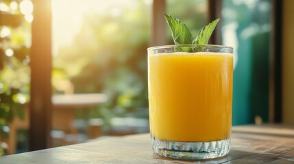 Fototapeta premium Freshly Squeezed Juice with Mint Garnish and Natural Light