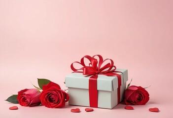 Obraz premium A gift box surrounded by red roses and heart-shaped balloons on a pastel background