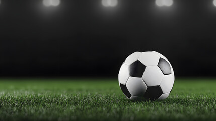 Soccer ball on a green grass background with copy space: Classic sports imagery for football-themed designs.
