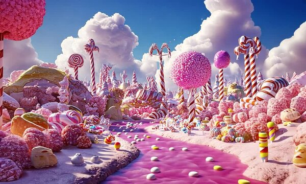 Enchanting candy land with vibrant lollipop trees, candy cane poles, and a pink candy river under a bright blue sky with fluffy clouds.