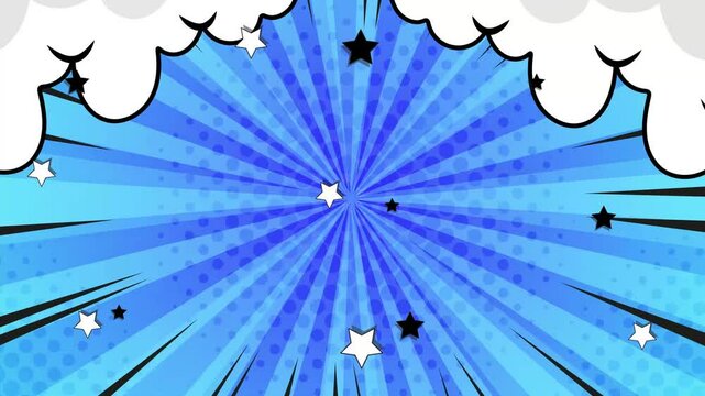 bright comic design with vibrant blue color burst and explosive elements with clouds and stars seamless 4k video background motion pop art design