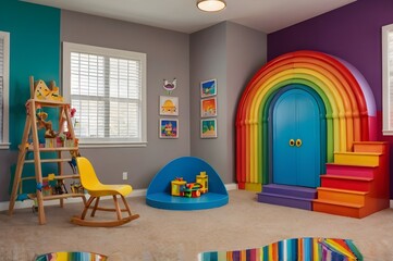 A colorful rainbow playground room serves as a vibrant backdrop for photo studio sessions, providing an engaging and playful environment for children's photography.