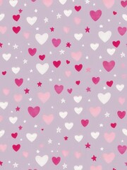 Lovely Hearts and Stars Background: A gentle and sweet repeating Background of pink and white hearts and stars on a light purple background. Perfect for Valentine's Day, baby showers.