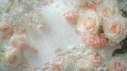 Fototapeta premium Elegant handwritten letter surrounded by peach roses and white flowers.