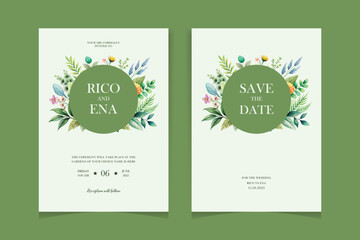 Wedding invitation template with elegant blue leaves decoration. Elegant greenery on wedding invitation card template