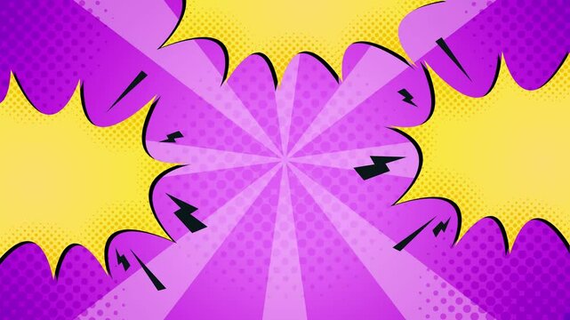 purple and yellow shapes explosion and lightning forming a dynamic comic abstract illustration on a vibrant background seamless 4k video background motion pop art design