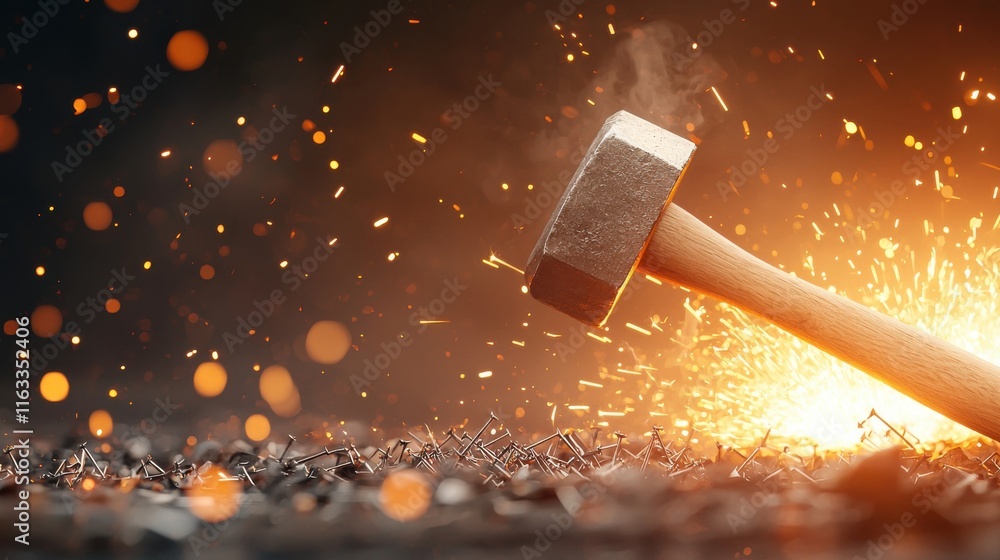 Poster a powerful and forceful hammer drives nails into a surface creating a shower of fiery sparks and int