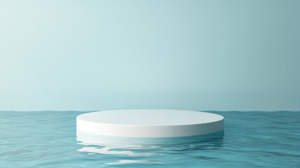 Empty white podium on water surface with light blue background
