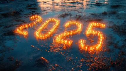 The number "2025" glowing with light bulbs on a reflective floor. 