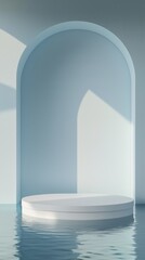 Empty white podium on water surface with light blue arch wall background