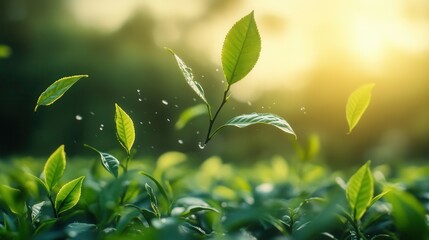 Fototapeta premium Floating Tea Leaves with Water Droplets Against a Sunlit Green Field Background.