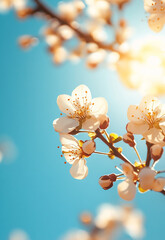 A beautiful tree with white flowers standing out against a clear blue sky Cherry blossoms bloom against blue sky backdrop White flowers flourish in spring garden
