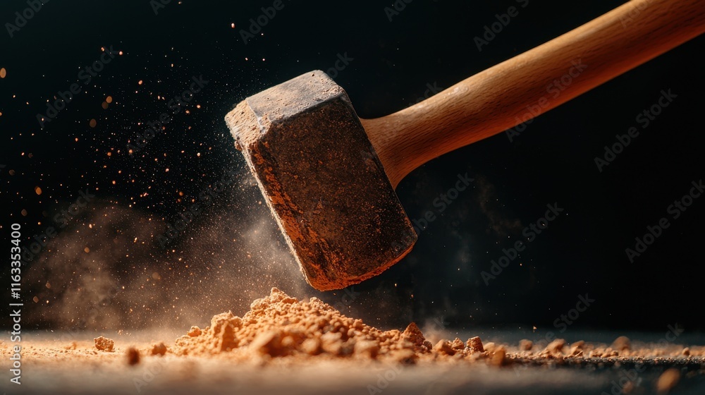 Aufkleber dramatic close up view of a heavy metal hammer forcefully striking and shattering the surface of a c