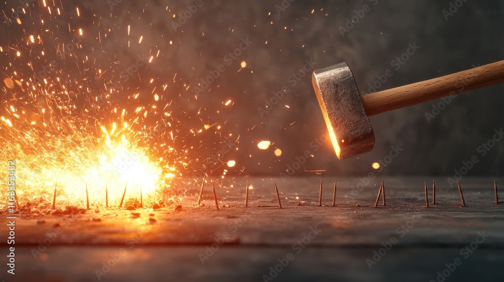 Aufkleber dramatic image of a hammer forcefully striking a row of glowing nails creating an explosive burst of