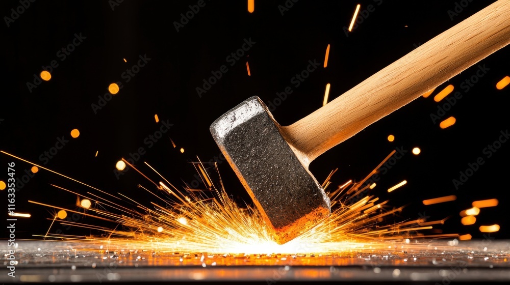 Aufkleber dramatic representation of a hammer forcefully driving metal nails into a surface creating a mesmeri