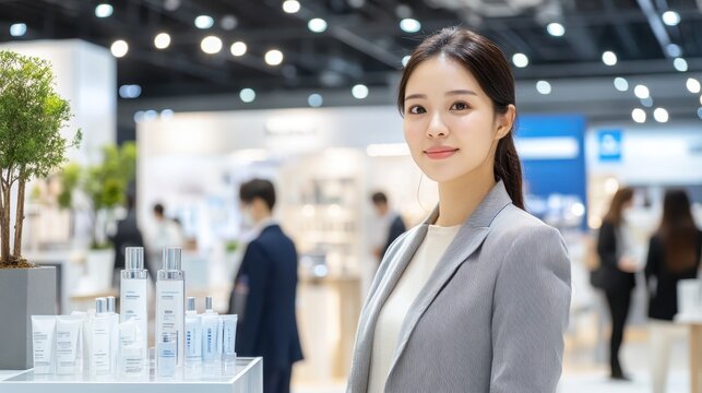 Young woman wearing glasses in a busy urban setting, standing near informational displays. Concept: exploration, curiosity.