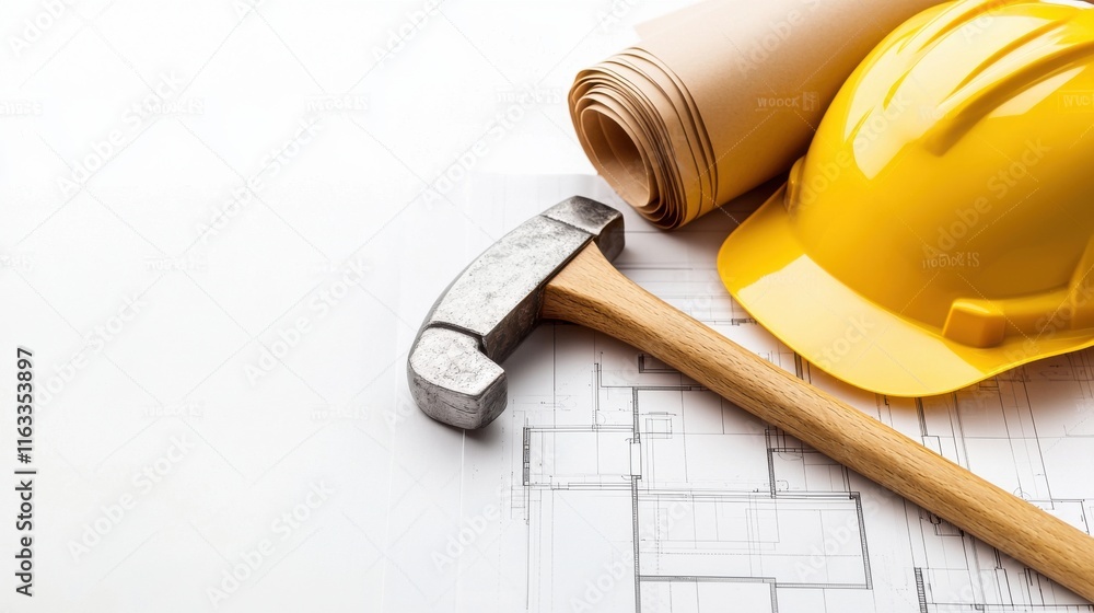 Poster hammer safety gloves and construction blueprints resting on a workbench representing the tools and p