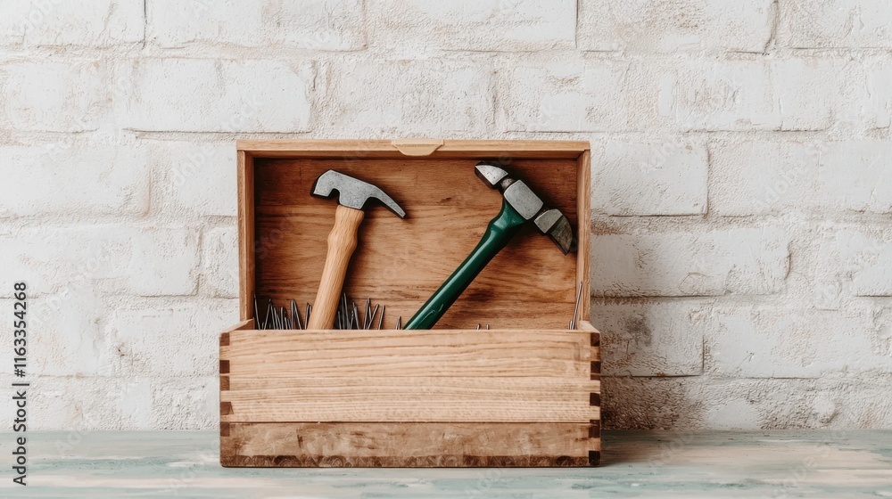 Poster open wooden toolbox filled with various carpentry tools such as a hammer and neatly arranged nails o