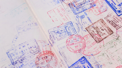 Obraz premium A white page features passport stamps from around the world, creating an exotic and colorful border for travel-themed designs, with a plain background to highlight the stamp details.