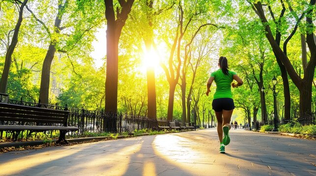 Runner's Paradise: A woman in green running shorts and a t-shirt enjoys a morning jog through a lush, green park. The sun shines brightly, casting long shadows on the path ahead.