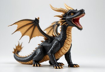 Fototapeta premium Majestic Black and Gold Dragon in Powerful Pose on Isolated White Background