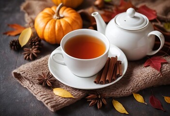 Fototapeta premium A cup of hot tea with autumn leaves and a cozy blanket in the background