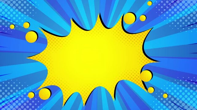 yellow and blue shapes explosion forming a dynamic comic abstract illustration on a vibrant background seamless 4k video background motion pop art design