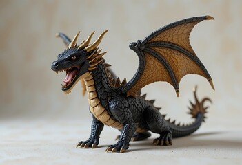 Fototapeta premium Majestic Black and Gold Dragon in Powerful Pose on Isolated White Background