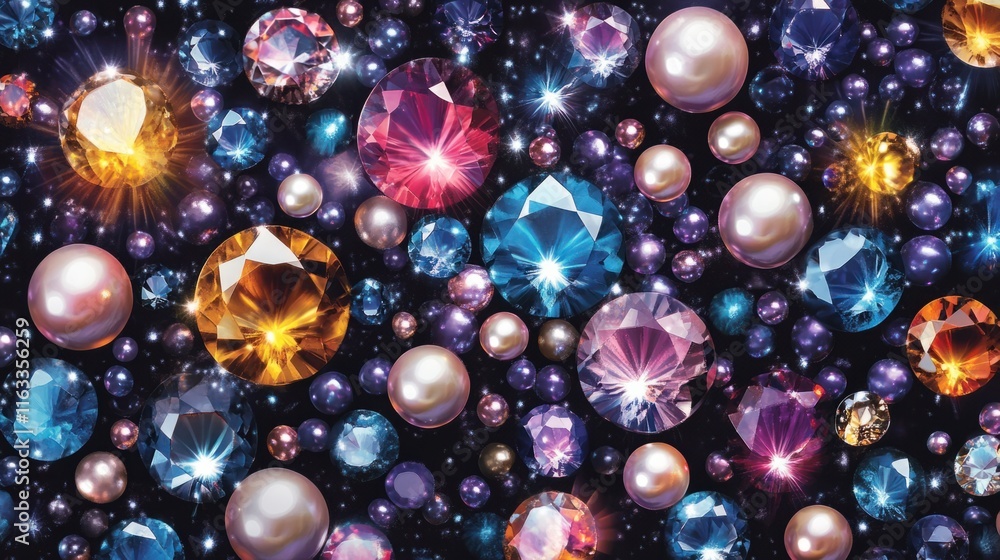 Poster a radiant seamless pattern featuring faceted gems and pearls, glowing softly against a dark backgrou