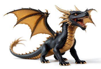 Obraz premium Majestic Black and Gold Dragon in Powerful Pose on Isolated White Background